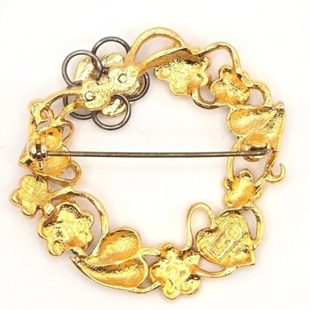 Kenneth Cole Floral Wreath Brooch Gold Tone Flowers Enamel Rhinestone‎